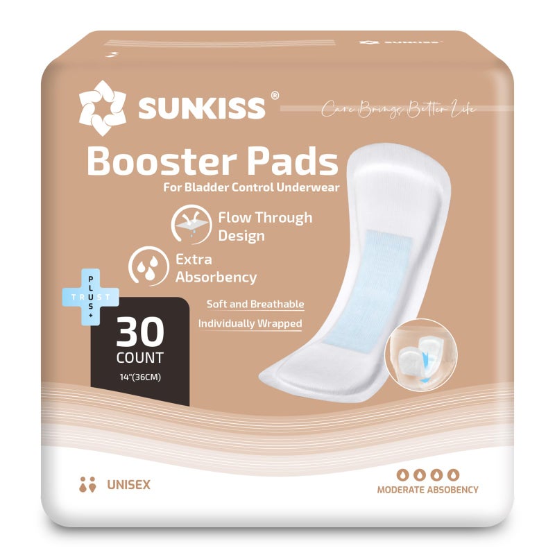 SUNKISS Booster Pads for Adult Nappies/Pull-Ups, Flow-Through Incontinence Pads to Increase Absorbency, Odor Control, Comfortable, 30 Count